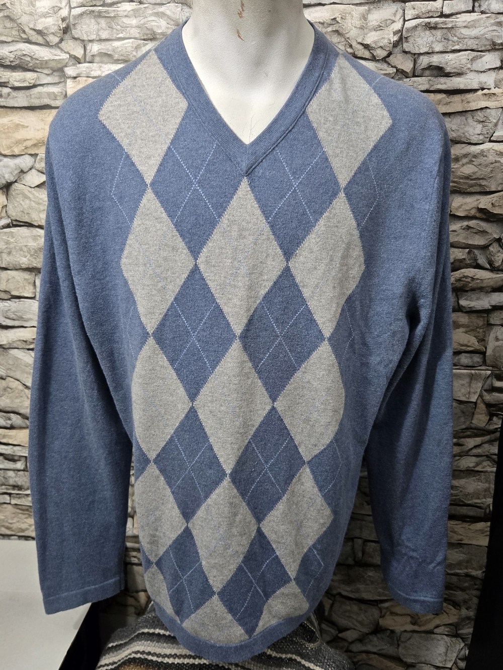 Banana Republic Vintage Men XL Argyle V-Neck Sweater Cotton Cashmere Blue Grey